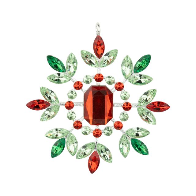 Snowflake gem ornament in cast metal frame, red and green, 3.75 in