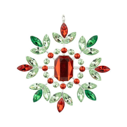 Snowflake gem ornament in cast metal frame, red and green, 3.75 in