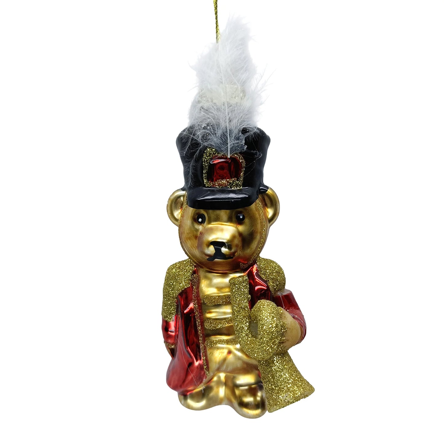 GLASS BEAR 2"X5" GOLD/RED FESTIVE HAT W/ GLITTER TRIM ORNAMENT