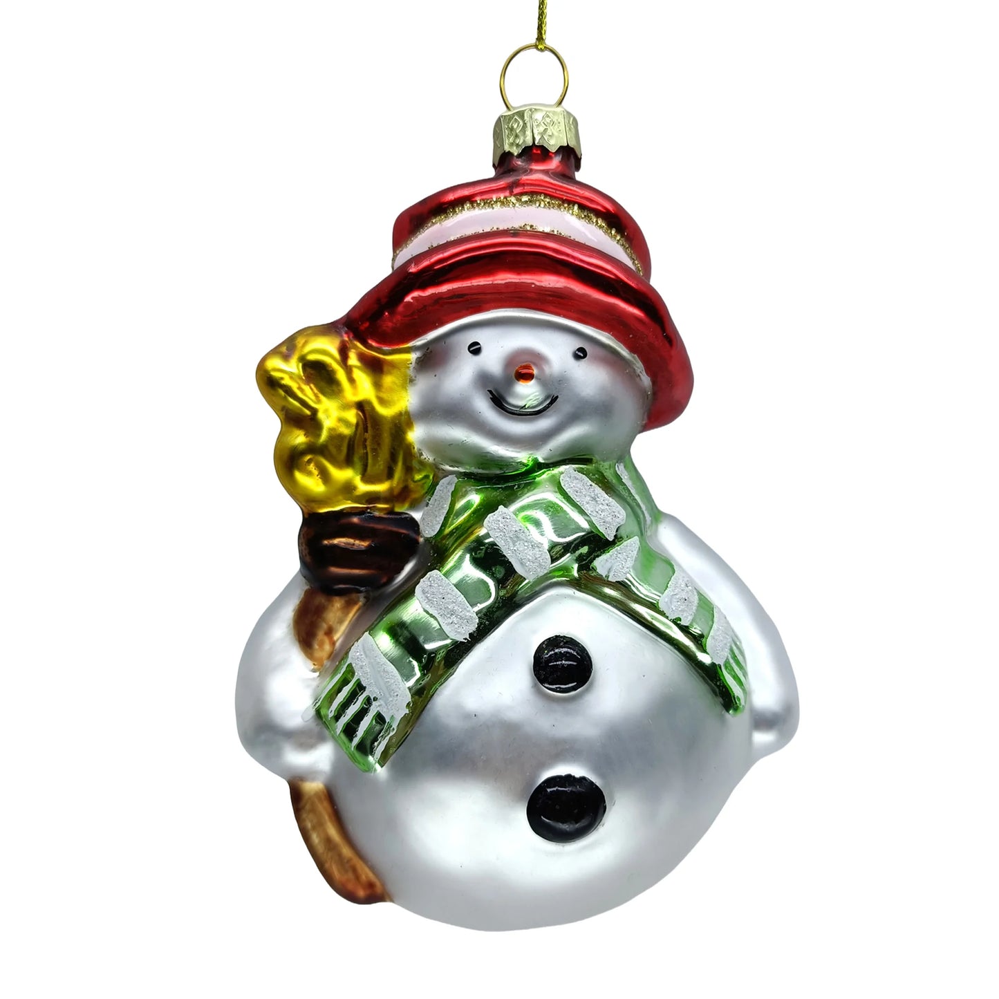 GLASS SNOWMAN 3"X4.5" WHITE/RED STRIPED HAT AND BROOM