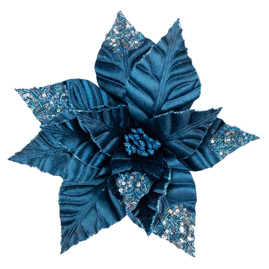 POINSETTIA HEAD BLUE  10" VELVET W/ SEQUINS & GLITTER W/ CLIP