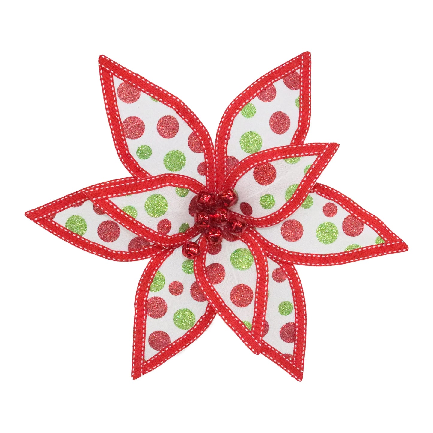 POINSETTIA HEAD ELF/GRINCH RED/WHT/GREEN 12″ FABRIC W/ POLKA DOT GLITTER & BELL CENTER