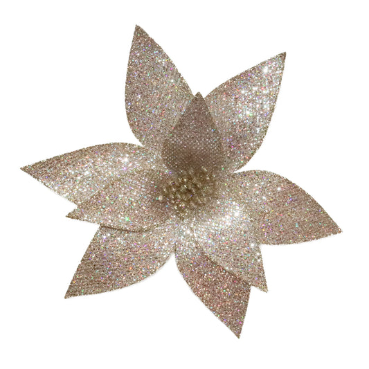 POINSETTIA HEAD CHAMPAGNE 12″ FABRIC IRIDESCENT GLITTER