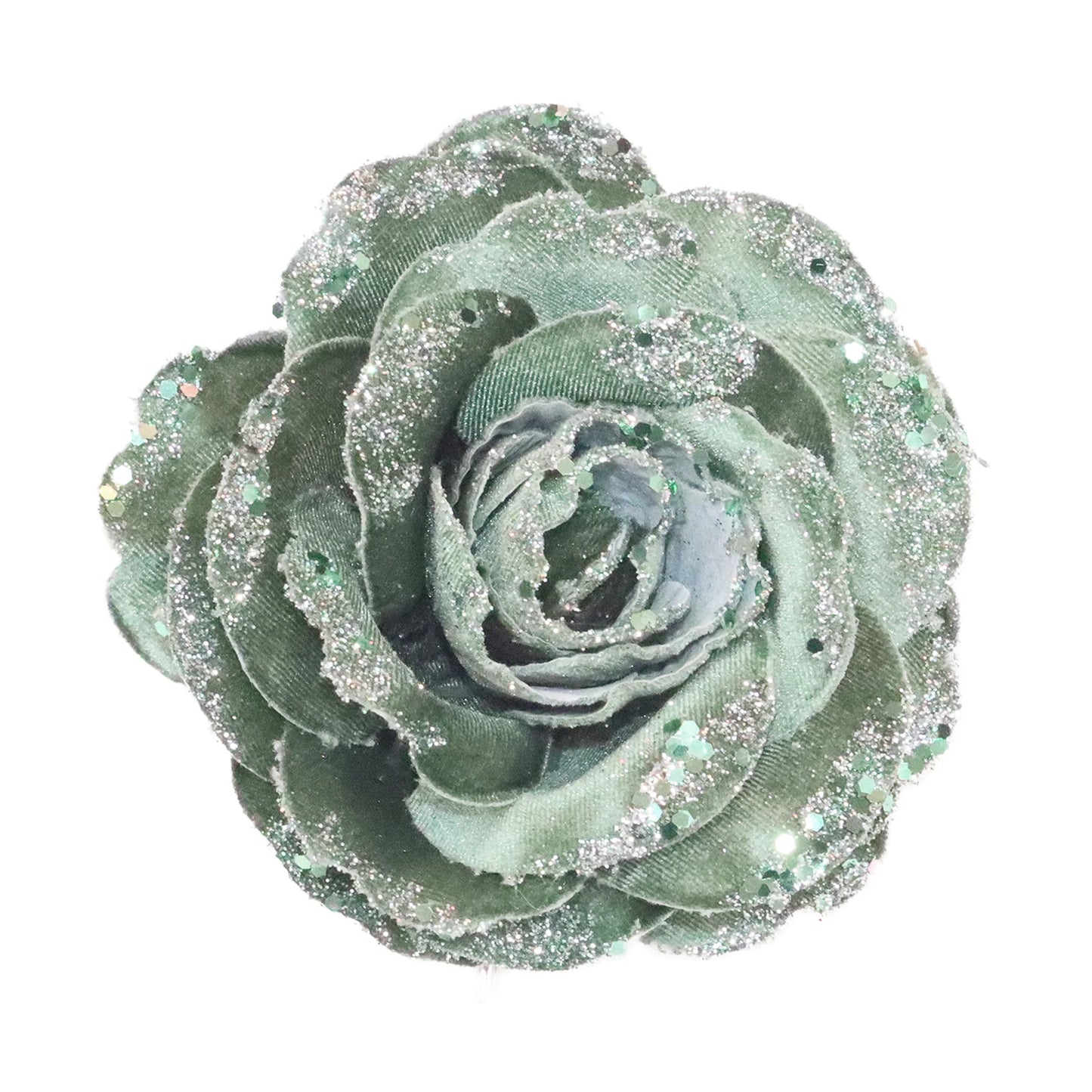 ROSE HEAD SAGE 4.5" VELVET W/ GLITTER & CLIP