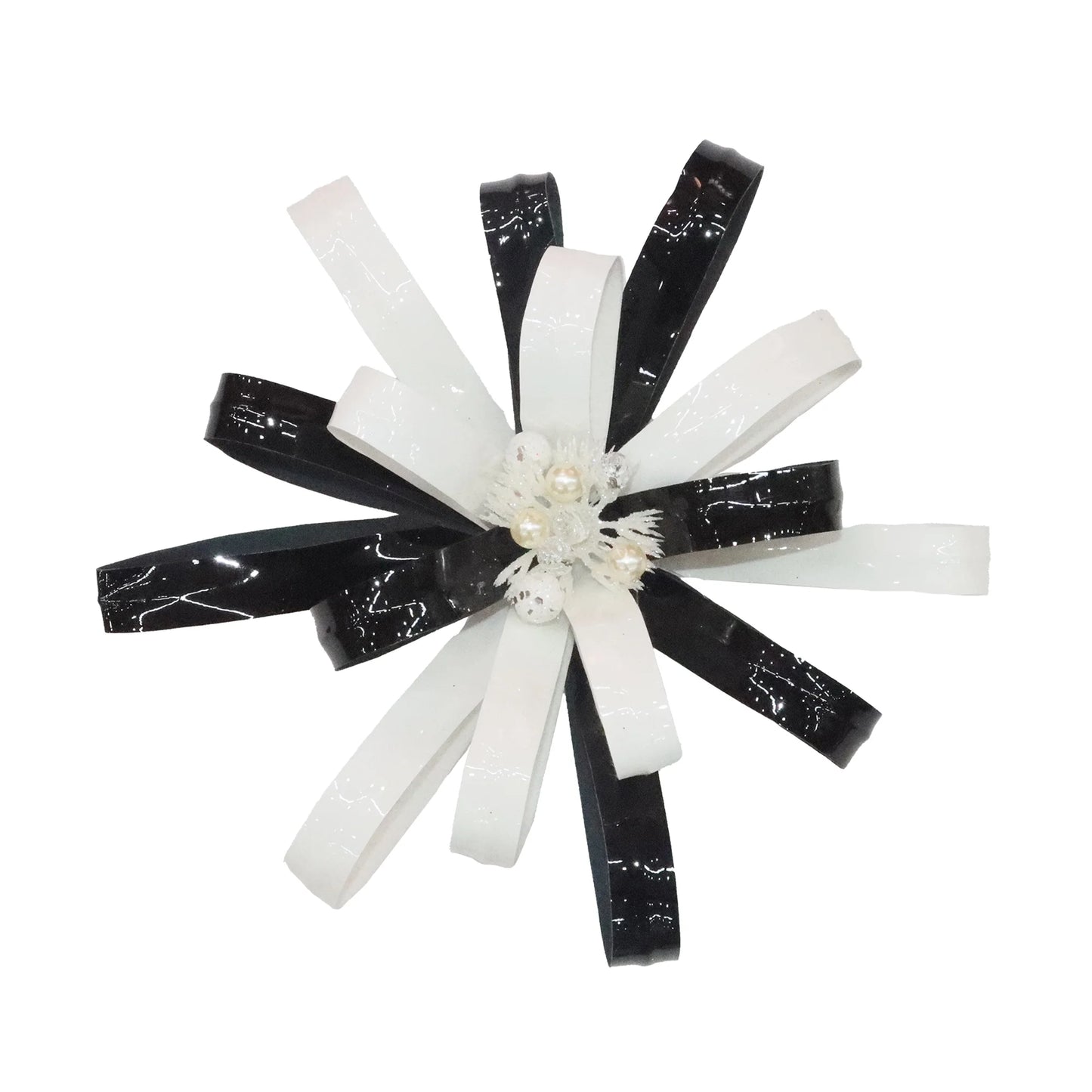 FLOWER HEAD BLACK/WHITE 10″ PATENT LEATHER SHINY W/ BEADS & GLITTER CENTER