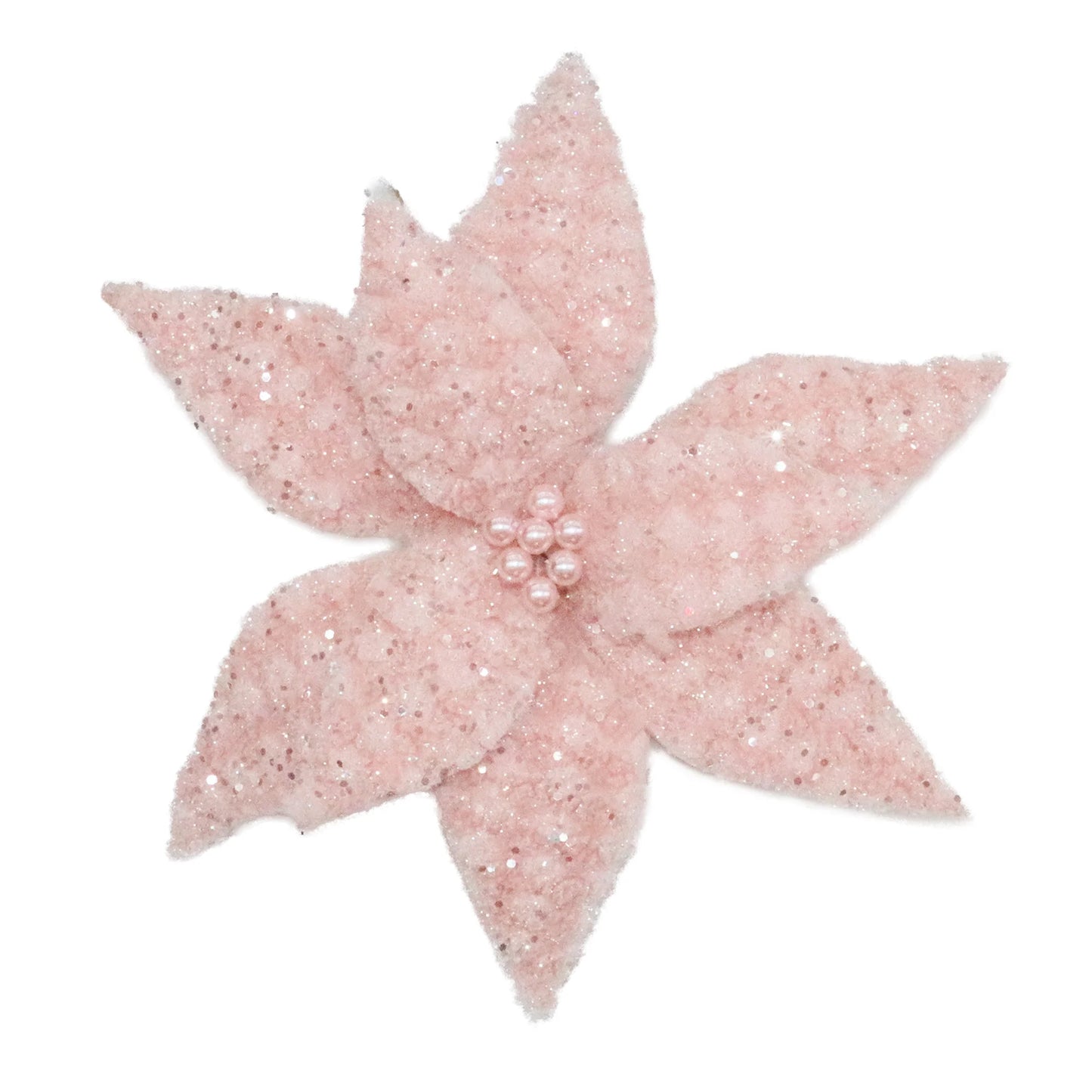 POINSETTIA HEAD PINK 13″ BOUCLAIR FUR FROSTED W/ GLITTER