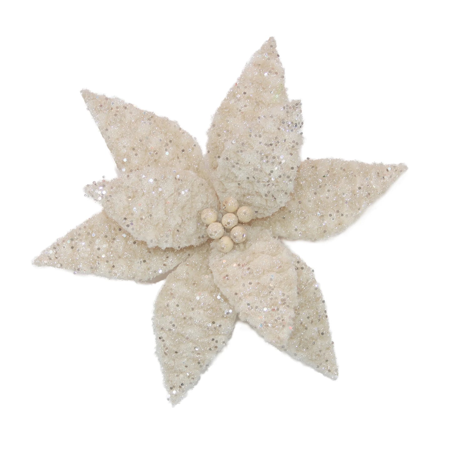 POINSETTIA HEAD CHAMPAGNE 13″ BOUCLAIR FUR FROSTED W/ GLITTER