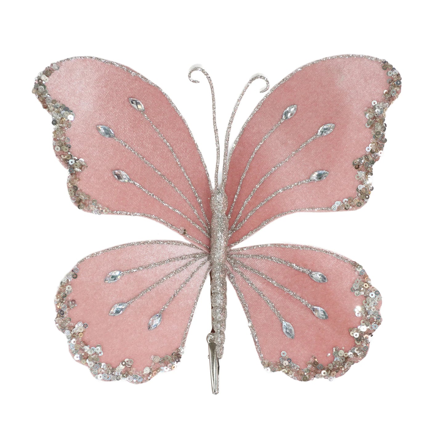 BUTTERFLY FABRIC ROSE 8" W/ JEWEL, SEQUINS & GLITTER