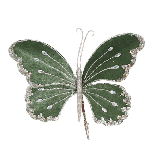 BUTTERFLY FABRIC SAGE 8" W/ JEWEL, SEQUINS & GLITTER