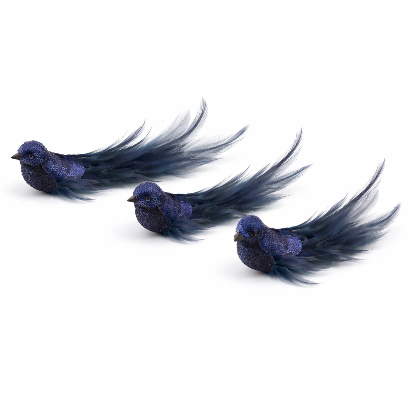 BIRD 8" DARK BLUE FABRIC/FEATHER W/SEQUINS 3 STYLES (Set of 3)