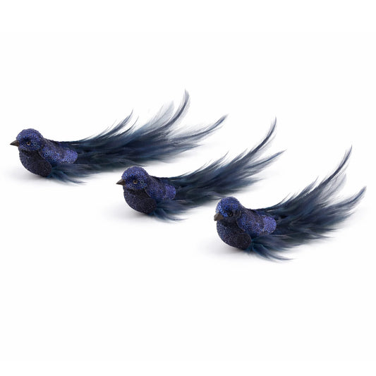 BIRD 8" DARK BLUE FABRIC/FEATHER W/SEQUINS 3 STYLES (Set of 3)