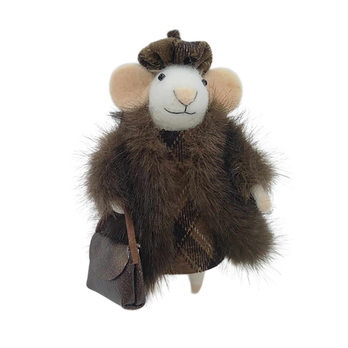 WOOL MOUSE 3"X5" BROWN COAT HOLDING A STYLISH BROWN HANDBAG ORNAMENT