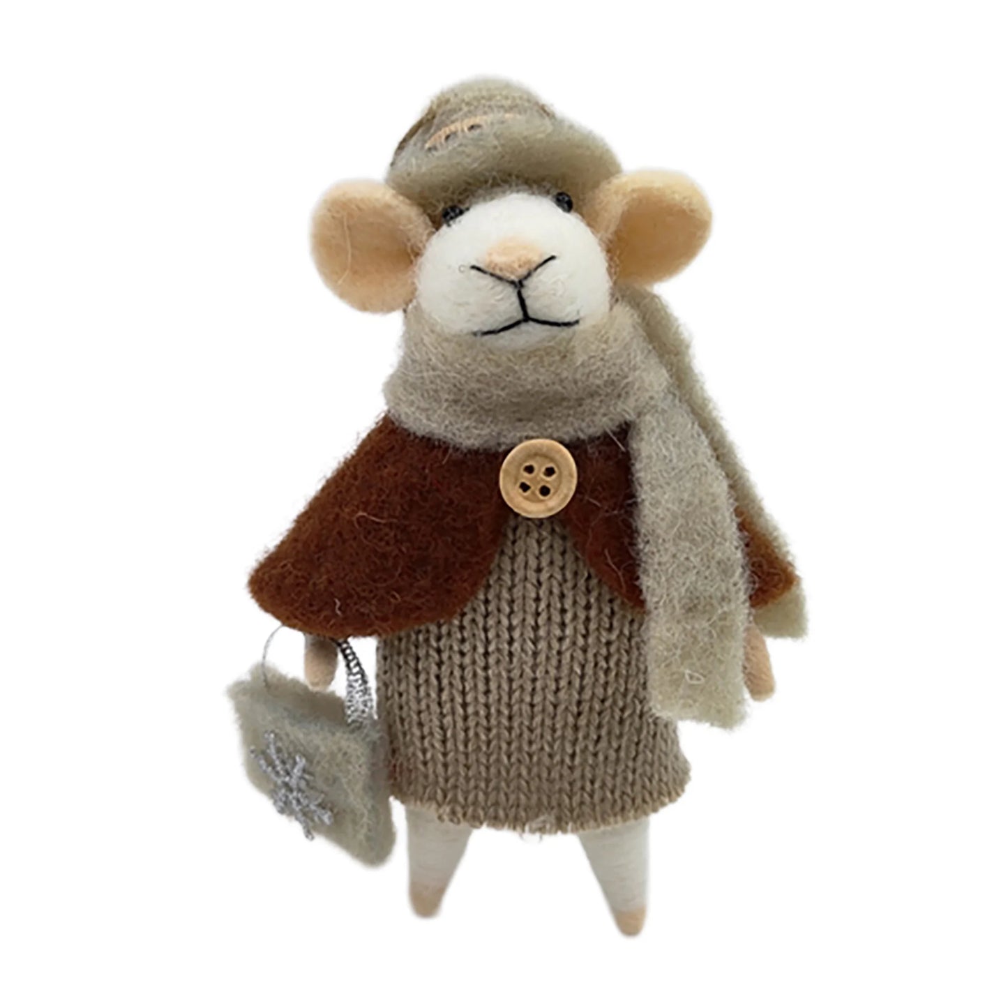 WOOL MOUSE 3"X5" BROWN DRESS W/PURSE & A MATCHING SHAWL ORNAMENT