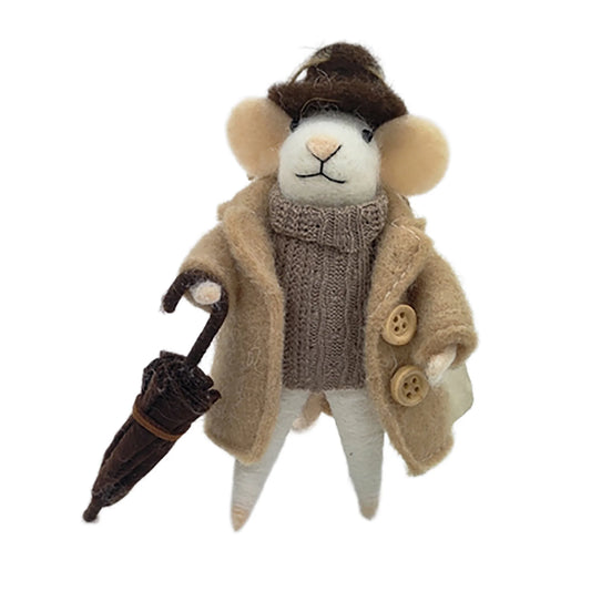 WOOL MOUSE 3"X5" BEIGE COAT HOLDING A CLOSED BLACK UMBRELLA ORNAMENT