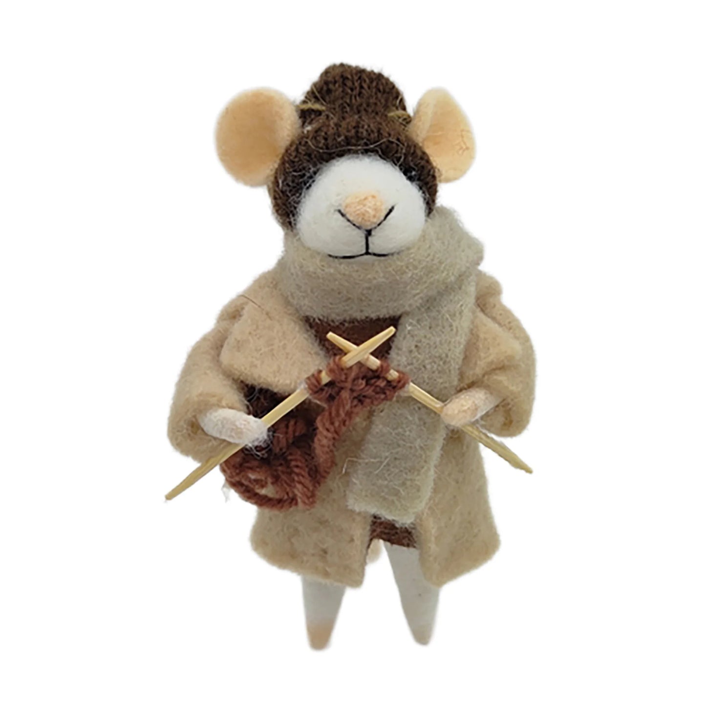 WOOL MOUSE 3"X5" BEIGE COAT KNITTING A RED SCARF ORNAMENT