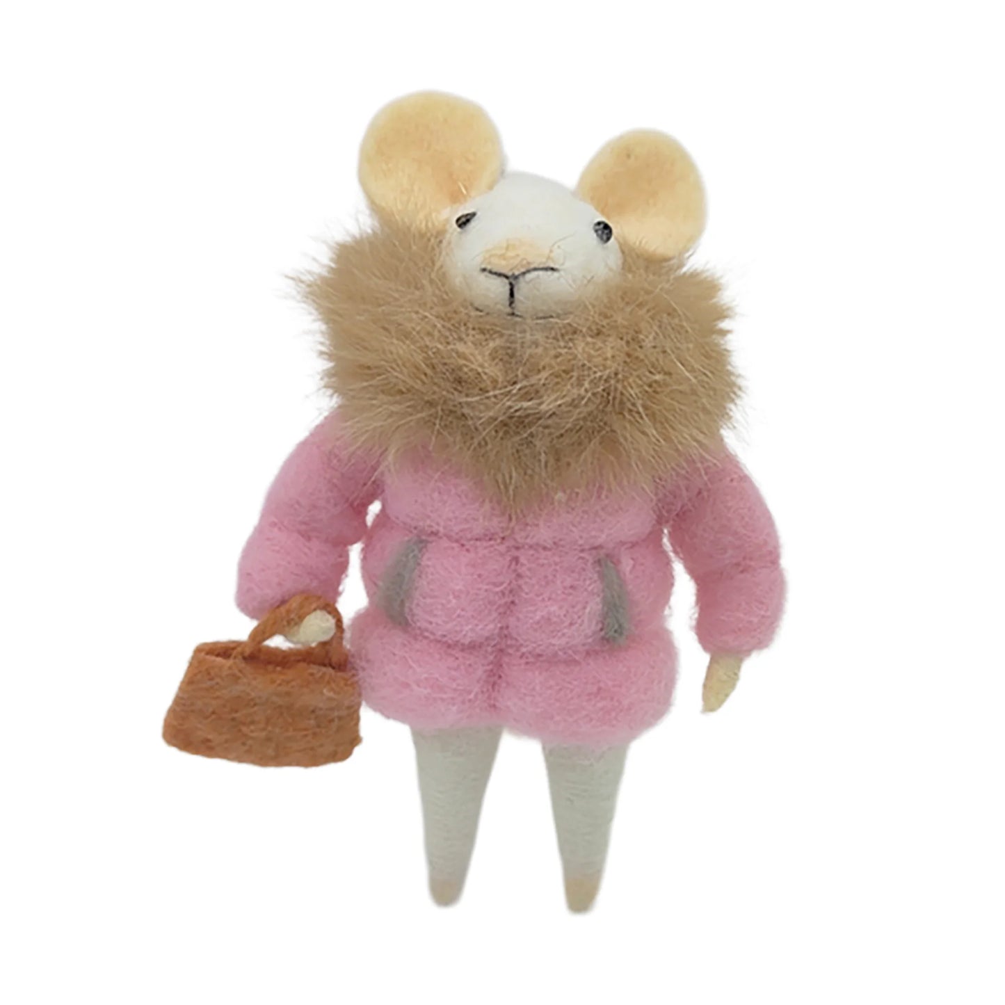 WOOL MOUSE 3"X4.5" PINK JACKET HOLDING A BROWN PURSE ORNAMENT