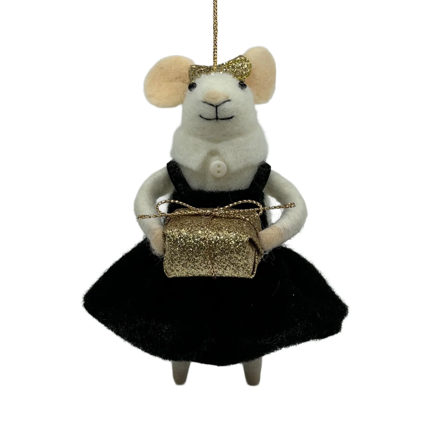 WOOL MOUSE 4"X5" BLACK DRESS HOLDING A GOLD GIFT BOX ORNAMENT
