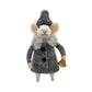 WOOL MOUSE 3"X5.5" GREY COAT HOLDING A SMALL GOLD BELL ORNAMENT