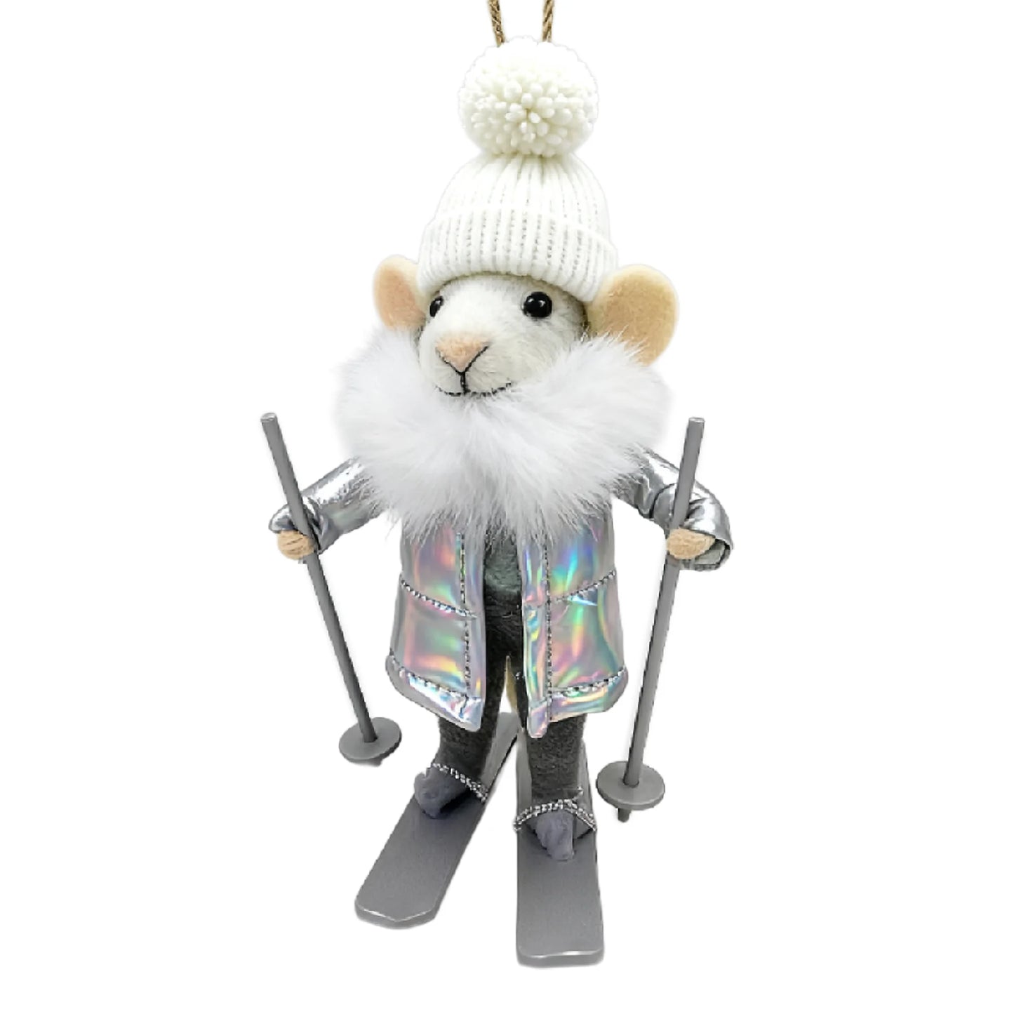 WOOL MOUSE 4"X5" GREY/SILVER OUTFIT SKIING W/SKI POLES ORNAMENT