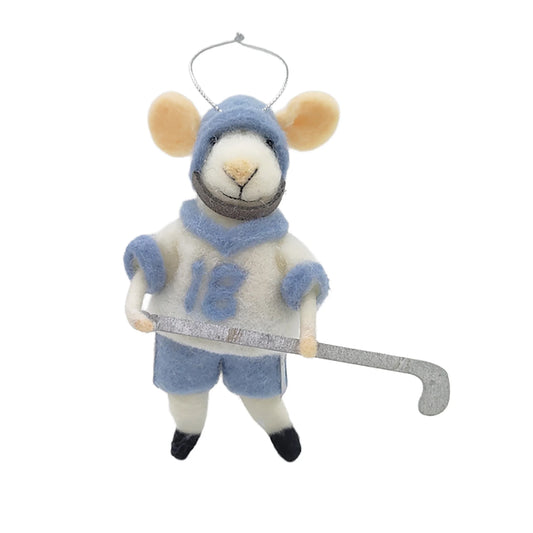 WOOL MOUSE 4"X5" BLUE SWEATER PLAYING HOCKEY ORNAMENT