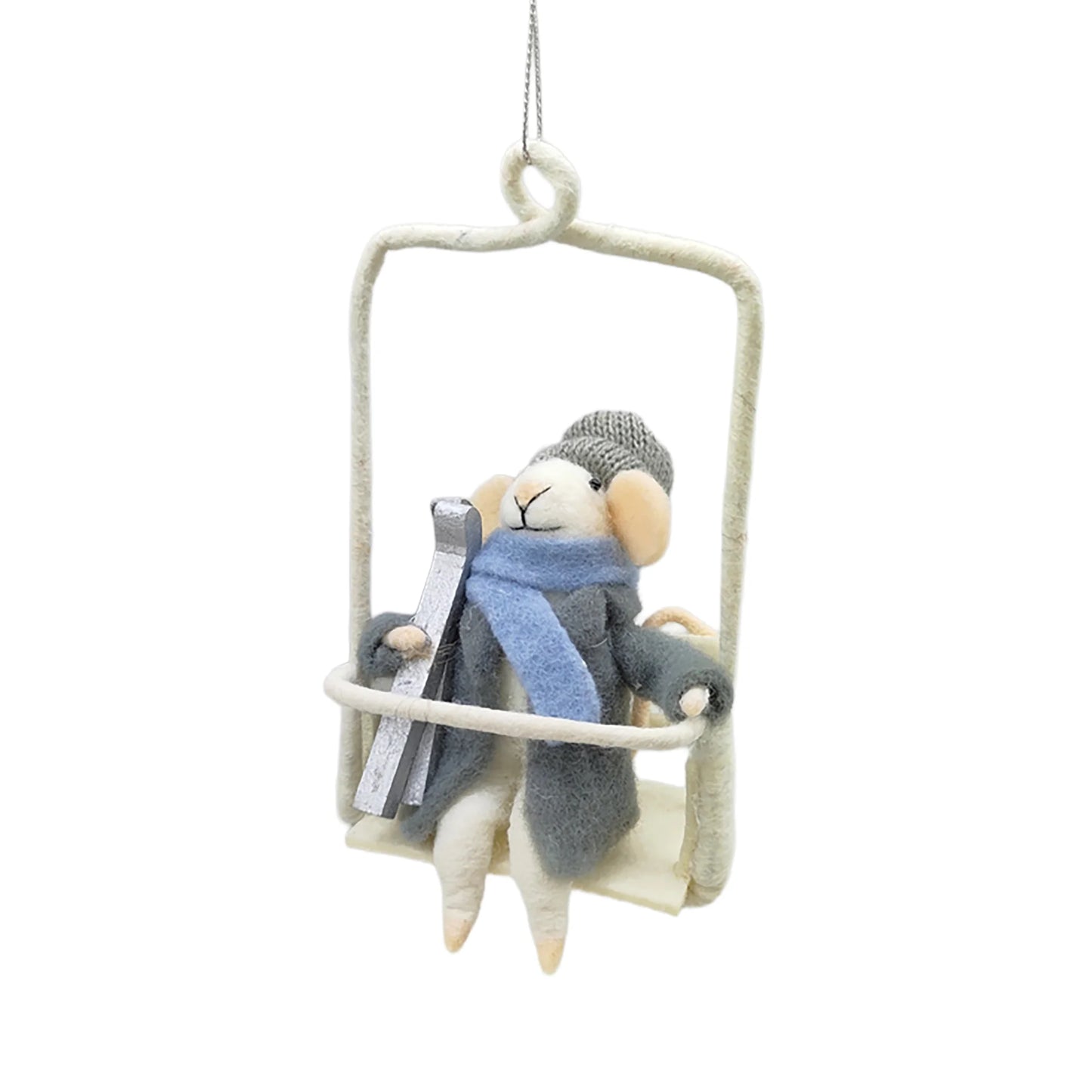 WOOL MOUSE 3.5"X6.5" GREY OUTFIT ON A CHAIRLIFT ORNAMENT