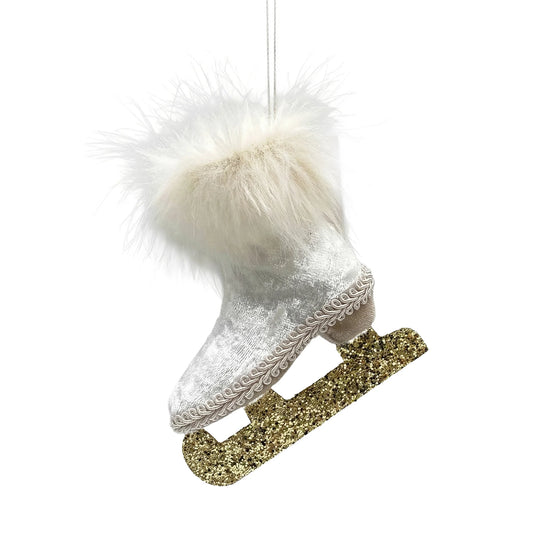 FABRIC ICE SKATES 4"X5" WHITE VELVET/FUR ORNAMENT