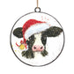 METAL DISC 4" COW IN RED HAT WITH GOLD BELL ORNAMENT
