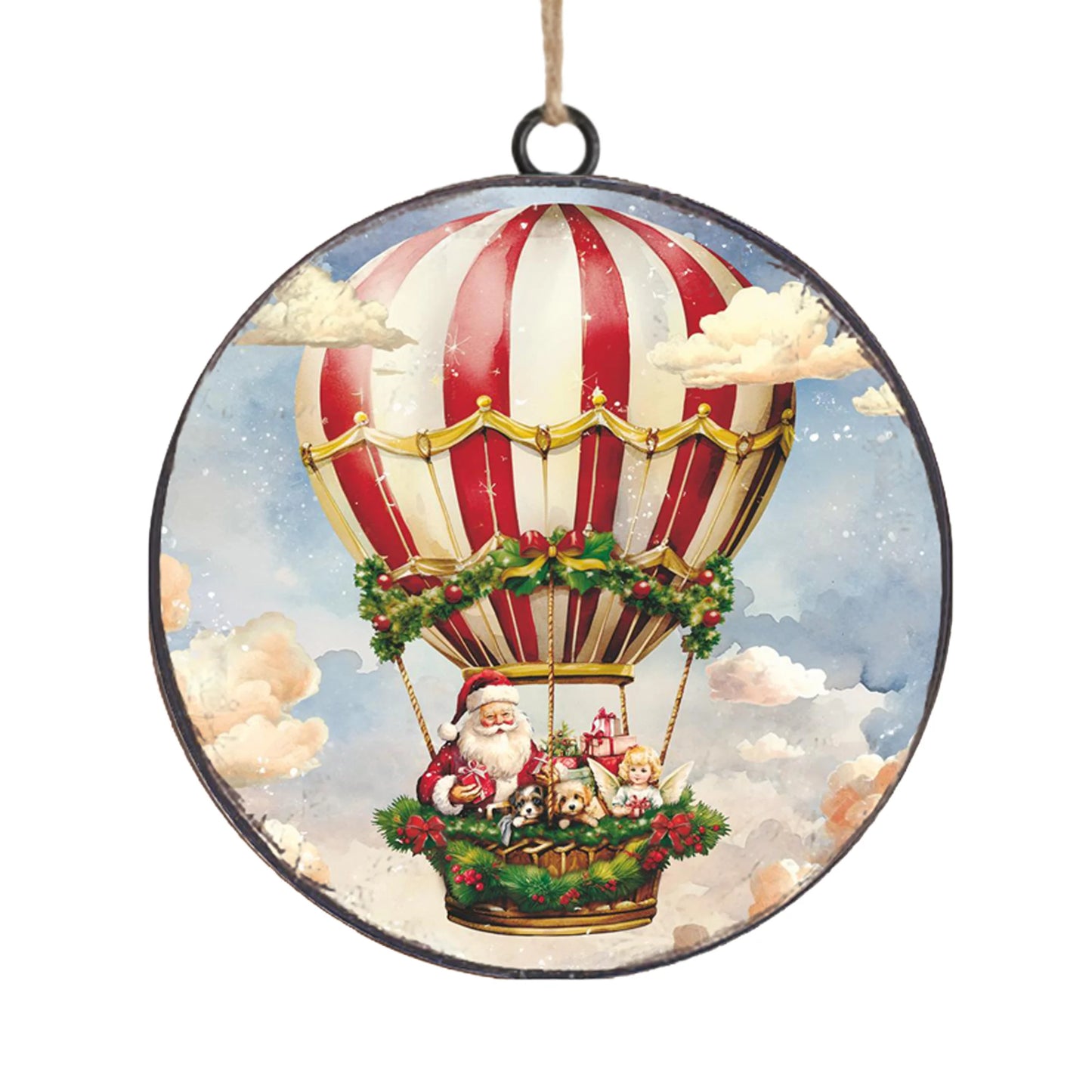 METAL DISC 4" SANTA IN RED STRIPED BALLOON  ORNAMENT
