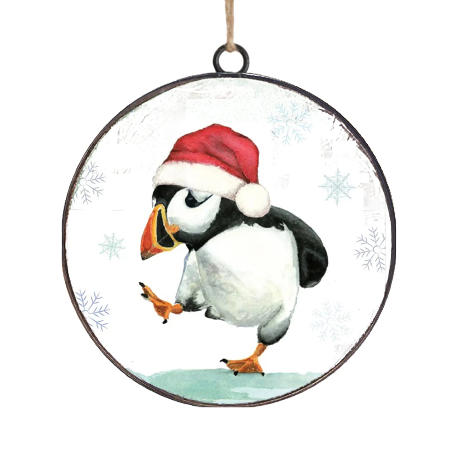 METAL DISC 4" PUFFIN WEARING RED SANTA HAT ORNAMENT
