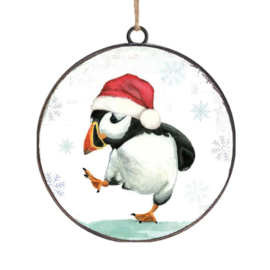 METAL DISC 4" PUFFIN WEARING RED SANTA HAT ORNAMENT