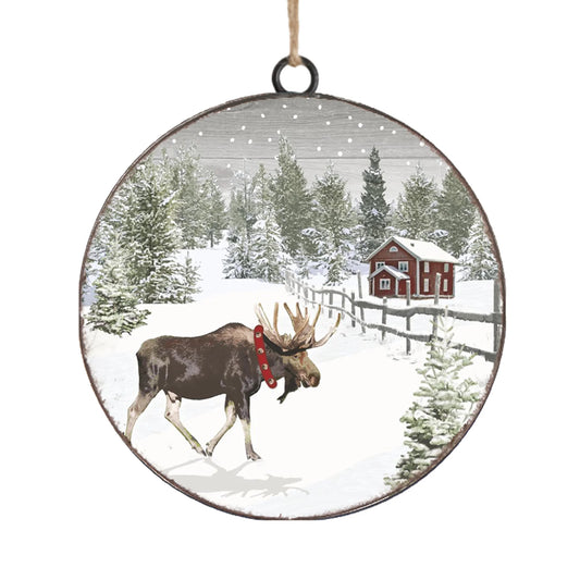 METAL DISC 4" MOOSE IN SNOWY SCENE BY RED HOUSE ORNAMENT