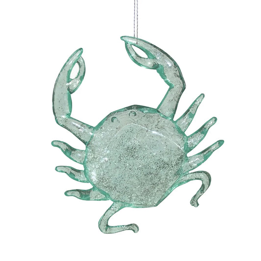CRAB 3.9" CLEAR MINT GREEN W/AZURE GLITTER ORNAMENT