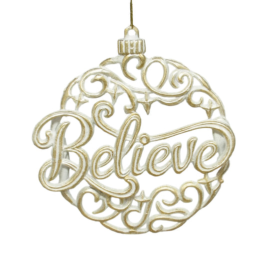 FLAT BALL WHITE BRUSHED GOLD "BELIEVE" 4.7" ORNAMENT