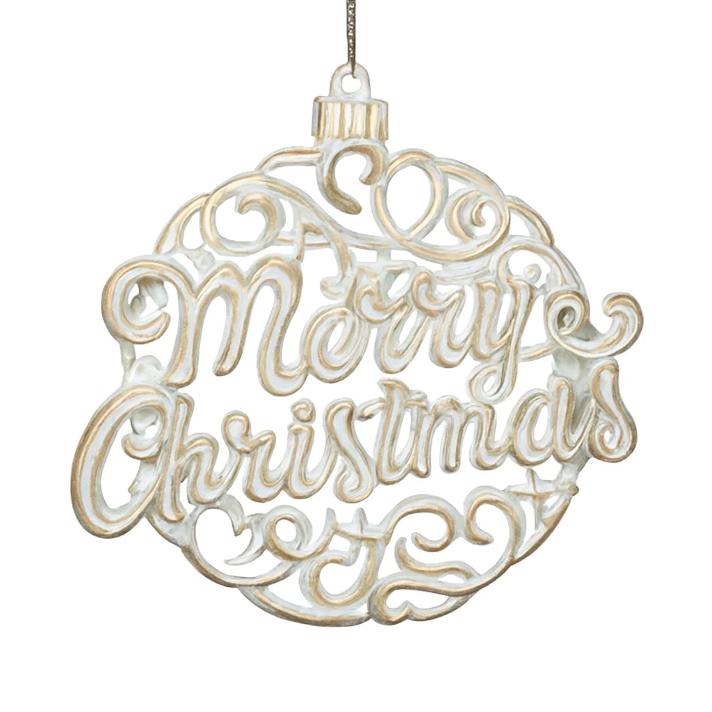 FLAT BALL WHITE BRUSHED GOLD "MERRY CHRISTMAS" 4.7" ORNAMENT