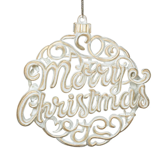FLAT BALL WHITE BRUSHED GOLD "MERRY CHRISTMAS" 4.7" ORNAMENT