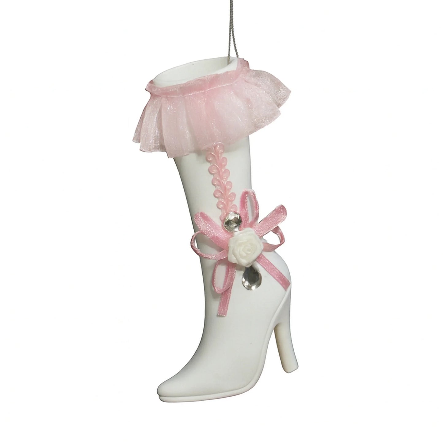 HIGH BOOTS MATTE WHITE W/PINK RIBBON BOW & WHITE FLOWER 5.7" ORNAMENT