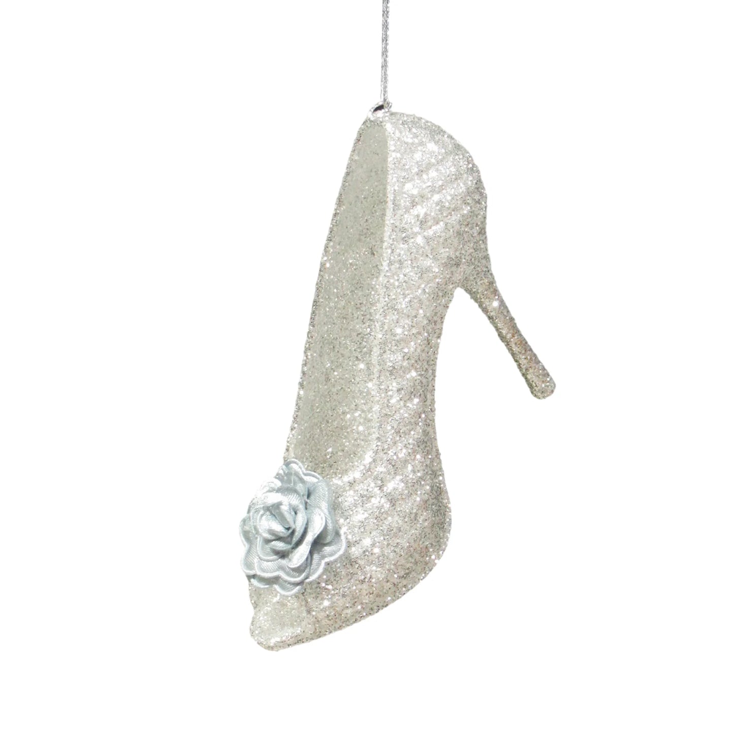 HIGH HEEL BRIGHT SILVER SPANGLE GLITTER W/CAMELLIA 4.2" ORNAMENT