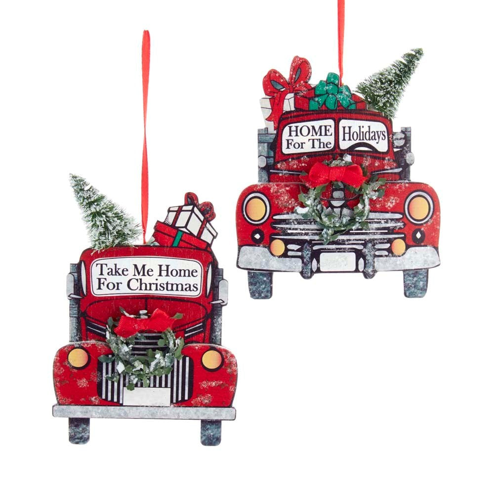 5.5" WOODEN RED TRUCK W/GREEN WREATH.