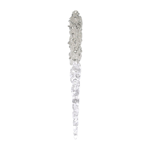 GLASS ICICLE 7″ CLEAR WITH FROST AND GLITTER