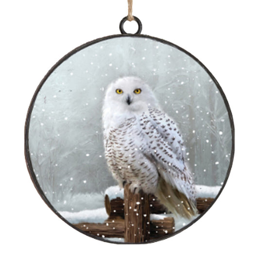 METAL DISC 4″ WINTER OWL ORNAMENT.