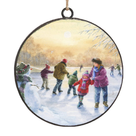 METAL DISC 4″ SKATING ON LAKE SCENE ORNAMENT