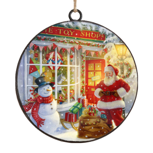 METAL DISC 4″ TOY SHOP W/SANTA & SNOWMAN ORNAMENT