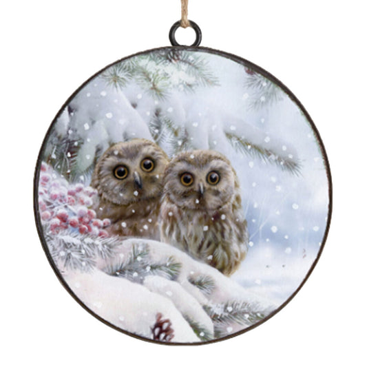 METAL DISC 4″ TWIN OWL ORNAMENT.