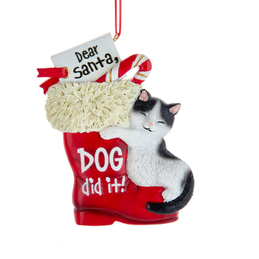 3.8"RES CAT HUGGING SANTA BOOT ORN