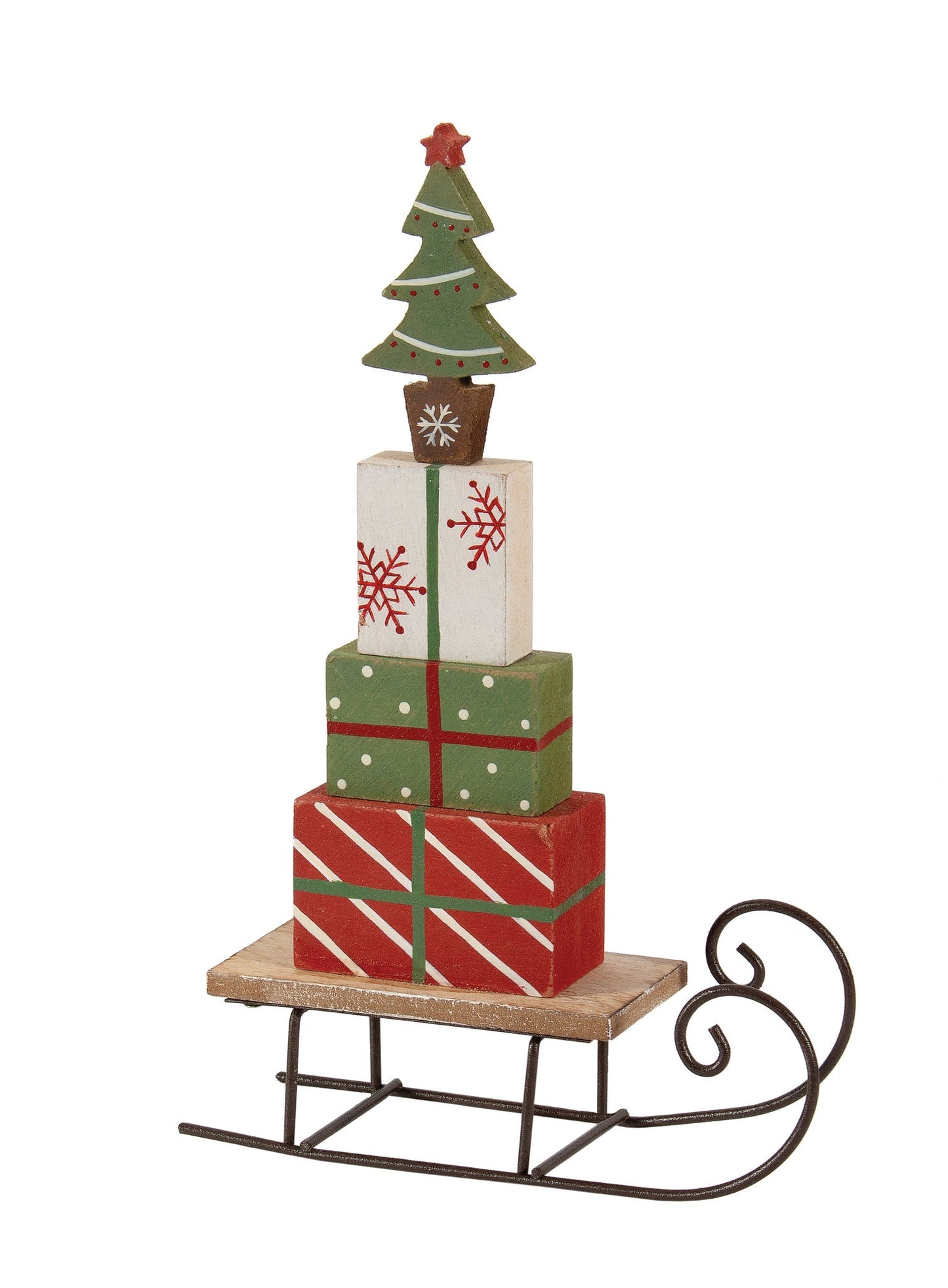 Natural wood and metal sleigh table decor with painted presents.